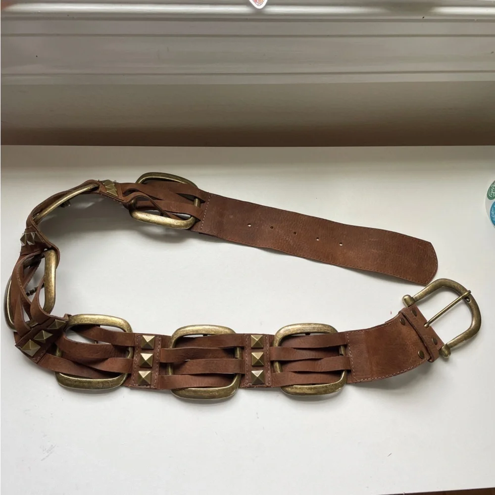 Leatherock Brown Leather Belt Brass Metal Accents Studs 36